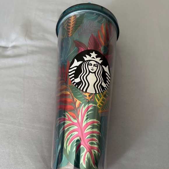 Starbucks Metalic Tropical Leaves Aloha Tumbler Used  24 oz comes with Straw Gd - Picture 4 of 7